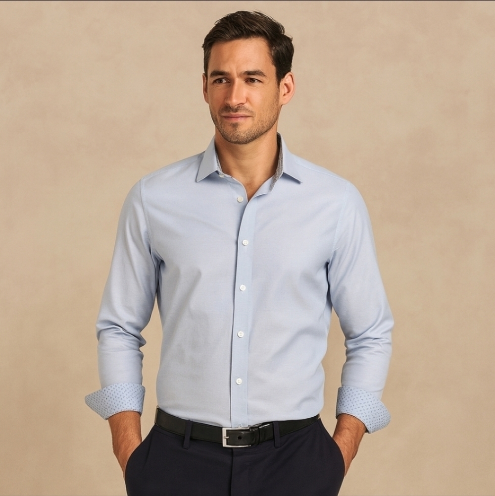 Ted Baker Endurance Menās Dress Shirt 16.5 34/35 Light Blue Micro Dot Pattern